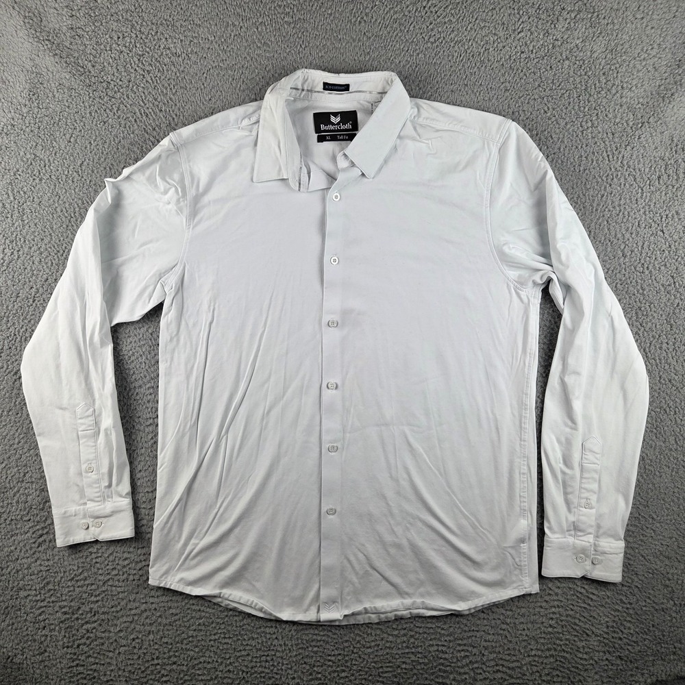 Buttercloth Shirt Men Size XL Tall Fit White Icy Cotton Button Stretch LS